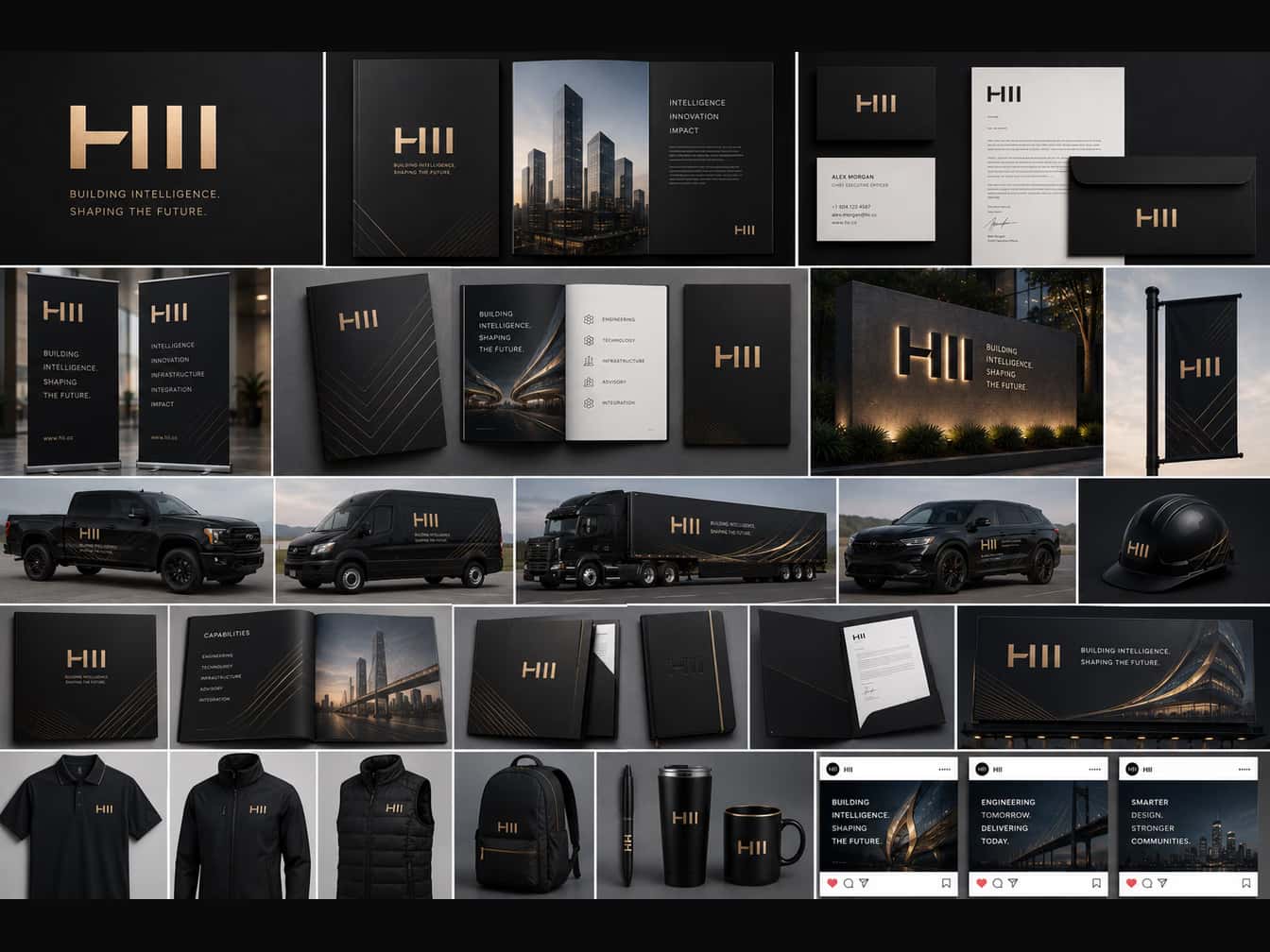 A full HII brand identity board — stationery, signage, vehicle wraps, and apparel in black and gold