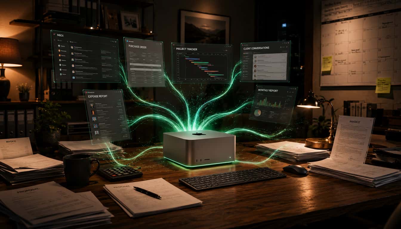 A Mac drawing inbox, purchase orders, project tracker, and client conversations into live panels above a paper-covered desk