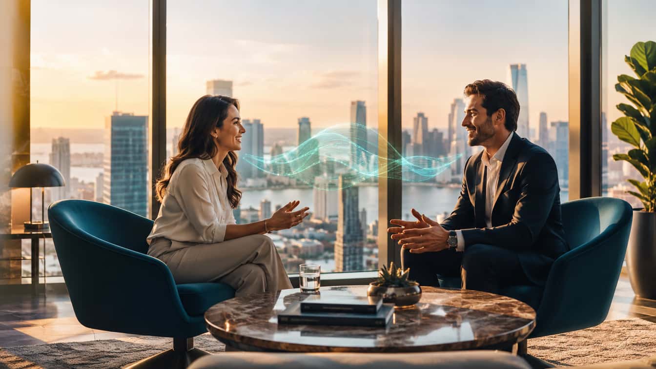 A relaxed consultation over coffee, city skyline behind, ideas taking shape