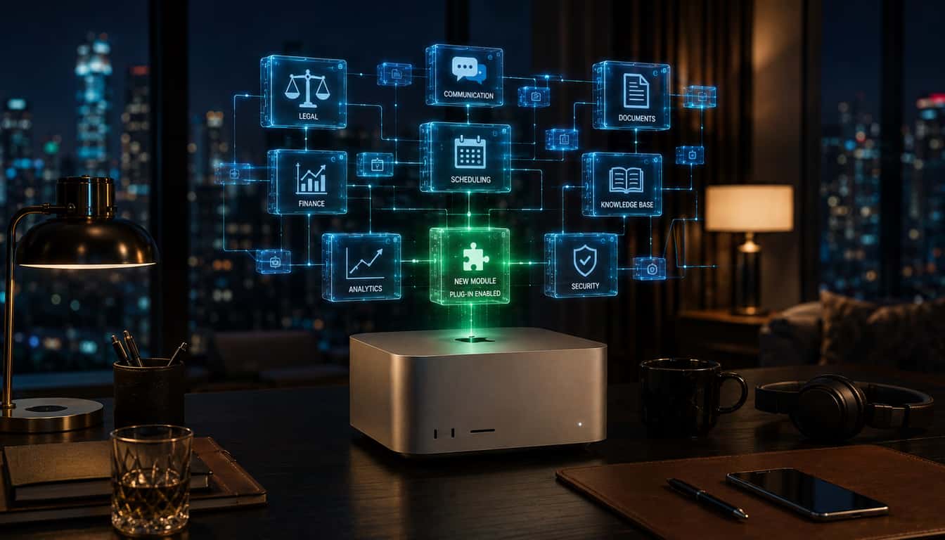 A new plug-in module lighting up green inside a grid of capability modules above a Mac at night